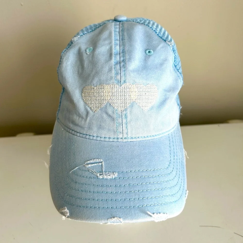 Aerie Light Blue Distressed Denim Mesh Hat embroidered hearts‎